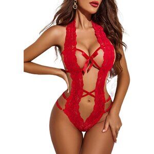 Comfortable Red Deep V Halter Lace Bodysuit - Adjustable for Perfect Fit